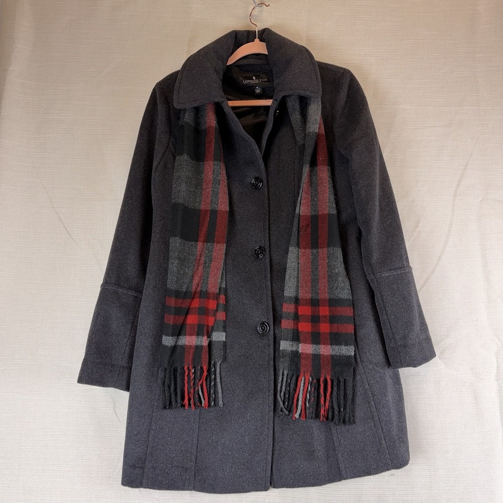 London Fog Womens Medium Gray Wool Blend Overcoat Scarf 7122964BSC